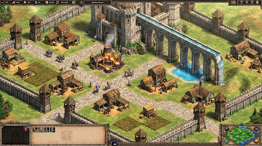 Concept illustration of a riverside citadel at dusk — preview art, not final game graphics